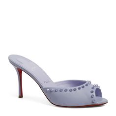 Christian Louboutin Me Dolly Spike 85 Mule Sandals In Nappa Leather With Tonal Spike Embellishments 85 Mm Stiletto Heel Open Toe Slide Style Signature Louboutin Red Leather Outsole Made In Italy Designer Color: Skylight (Lavender). Size: 39.5 Eu (Insole Measures 10", Heel: 3.5") Typically Cl Shoes Run Small. Brand New In The Original Louboutin Box With Louboutin Signature Dust Bag. Calf Leather Sandals With 4-inch Heel For Spring, 4-inch Leather Heels For Events, 4-inch Heel Leather Heels For Events, Leather Heels With 4-inch Heel For Event, Luxury Heels With Red Sole And Single Toe Strap, Formal Red Sole Heels For Spring, Formal Spring Heels With Red Sole, Leather Open Heel Heels For Events, Luxury Sandals With Red Sole And Pointed Toe