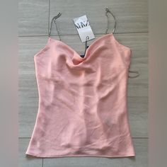 Pink Zara Camisole New With Tags Satin Cowl Neck Camisole With Rhinestone Straps Size Xsmall Zara Summer Tops With Built-in Bra, Zara Tops With Built-in Bra For Summer, Zara Summer Party Tank Top, Elegant Pink Tank Top For Evening, Elegant Pink Evening Tank Top, Zara Tank Top For Summer Night Out, Zara Tank Top For Parties, Zara Tank Top For Party, Zara Spaghetti Strap Tank Top For Party