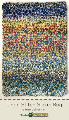 the line stitch strip rug is shown in blue, yellow and green colors with text that reads