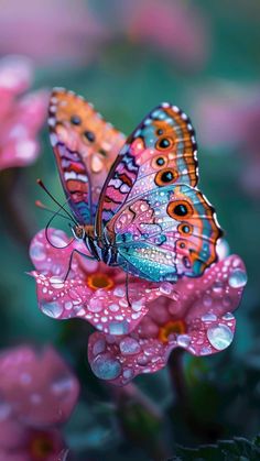 a butterfly sitting on top of a pink flower covered in water droplets and raindrops