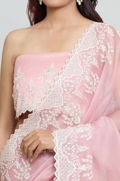 Baby pink saree crafted in organza with mughal gul aari-pearl-sequin embroidery. Comes with an unstitched blouse fabric. - Aza Fashions Baby Pink Saree, Organza Embroidery, Anushree Reddy, Embroidered Saree, Sequin Embroidery, Sequins Embroidery, Pink Saree, Blouse Fabric, Blouse Piece