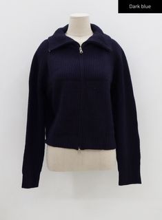 Dark Blue / S/M Stretch Wool Casual Tops, Casual Wool Stretch Tops, Casual Stretch Wool Tops, Casual Navy Wool Top, Fitted Casual Cardigan With Ribbed Collar, Fitted Navy Knitted Sweater, Navy Fitted Knitted Sweater, Navy Fitted Knitted Top, Fitted Navy Casual Cardigan