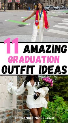 two pictures with the words 11 amazing graduation outfit ideas on them and an image of a woman