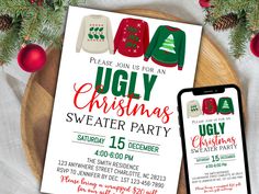 an ugly christmas sweater party is on the table next to a cell phone and other items