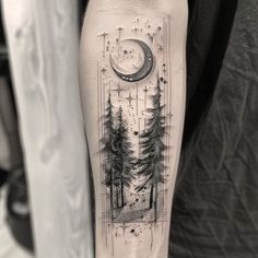 Atmosphere Tattoo Art Set Arm Nature Tattoo, Woodland Scene Tattoo, Forest And Space Tattoo, Whimsical Forrest Tattoo, Tree Of Life Moon Phases Tattoo, Atmosphere Tattoo, Women’s Forest Tattoo, The Silent Voice, Tree Of Life Spiritual