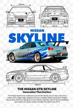 the nissan gtr skyline car is shown in blue and white, with its hood up