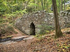 an old stone bridge in the woods with trees and leaves on the ground around it