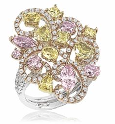 4 11ct Scroll Art Deco Style 18K Gold White Fancy Color Diamond Pave Ring ... Pink! Color Diamond Ring, Diamond Pave Ring, Fancy Color Diamond Ring, Scroll Art, Titanic Jewelry, Sparkly Accessories, Fancy Diamonds, Gold Diamond Jewelry, Pave Ring