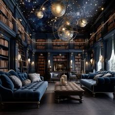 a living room filled with blue couches and bookshelves under a sky full of stars