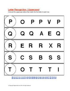 the letter recognition uppercase worksheet is shown in black and white, with an oval