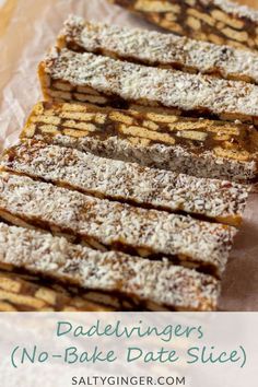 no - bake date slice with powdered sugar on top and text overlay that reads daleninger's no - bake date slice