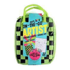 a green and black checkered bag with an advertisement on the front in white background