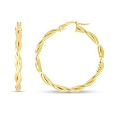 These stunning Italian-made hoop earrings feature a unique twisted design set in timeless 14K yellow gold. The 31mm hoops shine with a high polish finish and secure with hinged backs. Yellow Gold Hoop Earrings With A Modern Twist, Twisted 14k Yellow Gold Hoop Earrings, Modern Twist Yellow Gold Hoop Earrings, Twist Hoop Earrings, Snap Lock, Kay Jewelers, Accessories Jewelry Earrings, Precious Jewelry, Design Set