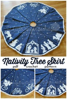 a crochet christmas tree skirt is shown with the words nativity on it