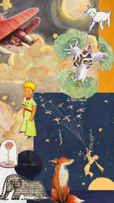 collage of various images with animals and people in the sky, including an airplane