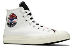 Introducing the Converse Chuck 70 Hi 'Logo Play'– a bold new take on a classic sneaker. This updated silhouette features color blocked canvas uppers in white, red, and black, with revised branding for a fresh new look. The traditional All Star patch is joined by a spliced and oversized version on the opposite ankle, adding an eye-catching detail to this already stand-out shoe. An Off-White rubber midsole completes the design, making this sneaker as comfortable as it is stylish. Sporty Canvas Sneakers With Logo, Casual Canvas Sneakers With Logo Print, High-top Sneakers With Embroidered Logo For Sports, Sports High-top Sneakers With Embroidered Logo, White Canvas Sneakers With Logo Print, Casual Canvas Sneakers With Logo, High-top Canvas Sneakers With Logo, Casual Converse High-top Sneakers With Logo Patch, Converse Sneakers With Embroidered Logo For Streetwear