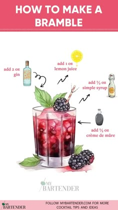 a poster with the instructions for how to make a bramble drink in watercolor