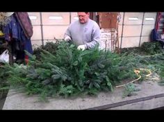 a man standing next to a pile of christmas trees