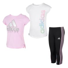 White Tracksuit, Adidas Set, Pink Tee Shirt, Black Tracksuit, Shirts And Pants, White Tee Shirts, Shirts For Leggings, Active Outfits, Adidas Girl