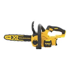 a yellow and black cordless chainsaw on a white background