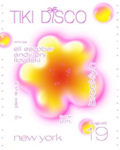 the poster for tiki disco shows an orange flower with pink and yellow petals on it