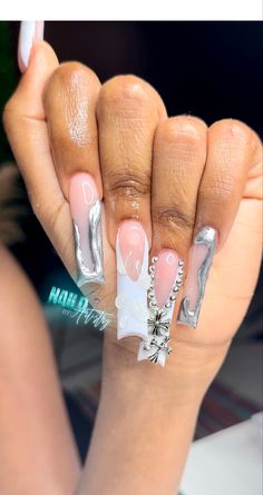 Baddie Forearm Tattoos, Birthday Freestyle Nails, Bling French Tip Nails, Bling French Tip