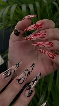 Dark Goth Nail Designs, October Nails Ideas Almond, Demon Nail Art, Halloween Nails Creepy, Vampy Nails Almond, Venom Nails Acrylic, Red Nails With Black Design, Creepy Nail Designs, Spring Goth Nails