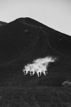 a group of people standing on top of a lush green hillside next to a mountain