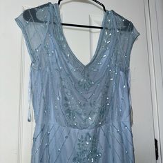 Beaded Blouson Long Dress New With Tags Size 10 Blue V-neck Embellished Sequin Dress, Blue Beaded Floor-length Dress, Beaded Blue Floor-length Dress, Blue Beaded Cocktail Dress, Blue Beaded Prom Dress, Silver Grey Dress, Prom Outfit, Drape Gowns, Halter Gown