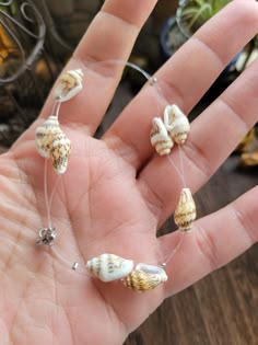 the hand is holding five small seashells