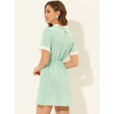 With the above-knee-length style, this Regular Fit plaid-print short-sleeve dress is fitted at the bust and waist. Featuring a lace neckline, and plaid print, it has an invisible side zip. Show your feminine style with this sweet lace-up round-neck dress. Soft fabric ensures all-day comfort. It is a perfect choice for weekends, holidays, and daily wear. A good choice for your wardrobe, a classic plaid design will always be on trend. Chic Short Sleeve Gingham Mini Dress, Chic Knee-length Gingham Plaid Dress, Spring Gingham Plaid Knee-length Dress, Plaid Summer Dress, Summer Knee-length Gingham Plaid Dress, Spring A-line Gingham Plaid Dress, Lace Neckline, Mini Skater Dress, Round Neck Dresses