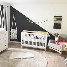 a dog sitting in a white crib next to a black and white wall