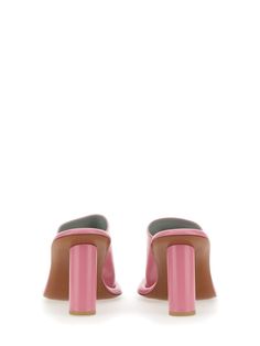 Mule Cushion Spring Calf Leather Mules With Padded Heel, Spring Calf Leather Heels With Padded Heel, Modern Pink High Heel Mules, Designer Pink Leather Mules, Luxury Pink Mules For Spring, Pink Leather Mules With Sculpted Heel, Luxury Spring Mules With Sculpted Heel, Spring Calf Leather Sandals With Reinforced Heel, Spring Calf Leather Heels With Almond Toe