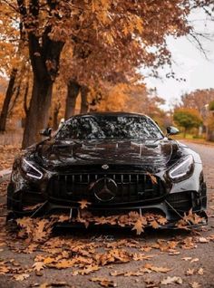 a black sports car parked on the side of a road with leaves all over it