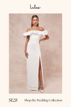 If you prefer to leave everyone in awe when you enter the room, then you'll want to strut down the aisle in the Lulus Sincerely Passionate White Ruffled Off-the-Shoulder Maxi Dress! Achieve maximum elegance on your big day with this stunning crepe knit dress that starts with a luxe satin ruffled overlay that creates an elasticized, off-the-shoulder neckline that flows into flouncy short sleeves. The high, fitted waist tops a figure-flattering column skirt that falls to a sophisticated maxi hem a Column Skirt, Strapless Bra, Dress 100, Floor Length, Apparel Accessories, Off The Shoulder, Knit Dress, Bridal Dresses, Maxi Dress