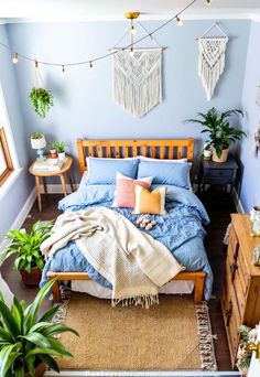 Light Blue Boho Bedroom Relaxing Space, Woven Baskets, Whimsical Decor