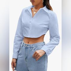 Lyaner Women's Casual Button Down Long Sleeve Curved Hem Blouse Crop Tops Blue, Xl Fitted Cropped Long Sleeve Shirt For Daywear, Long Sleeve Cropped Shirt With Buttons For Daywear, Long Sleeve Cropped Shirt For Daywear, Spring Blue Top With Back Button Closure, Blue Tops With Back Button Closure For Spring, Blue Top With Back Button Closure For Spring, Trendy Blue Button-up Cropped Shirt, Blue Collared Top With Back Button Closure, Chic Light Blue Top With Buttons