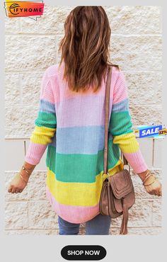 Pink Rainbow Color Block Open Front Drape Oversized Knitted Cardigan Multicolor Knitted V-neck Cardigan, Multicolor Long Cardigan For Layering, Long Multicolor Cardigan For Layering, Cozy Multicolor V-neck Cardigan, Spring Multicolor Knitted Cardigan, Multicolor Long-sleeved Sweater Coat For Spring, Multicolor Long Sleeve Sweater Coat For Spring, Oversized Multicolor V-neck Outerwear, Multicolor Oversized V-neck Outerwear