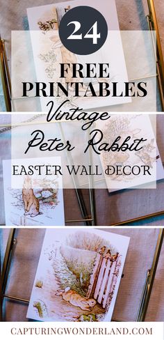 four pictures with text that reads, free printables vintage paper rabbit easter wall decor