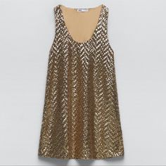 New With Tag Brand Zara Sleeveless Hessian-Style Dress With A Round Neckline. Zara Printed Dress, Braided Dress, Sequined Mini Dress, White Satin Dress, Sequin Knit, Black Fringe Dress, Sack Dress, Swirl Dress, Mini Gold Dress