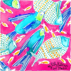 watercolor and ink drawing of blue fish on pink background