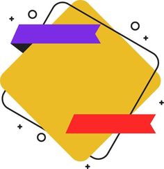 a yellow rectangle with purple and red ribbons around it