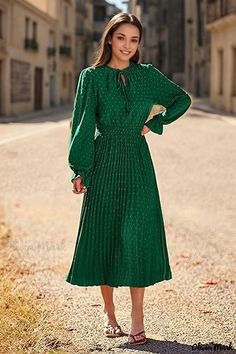 Olivia Mark - Elegant Polka Dot Pleated Long Sleeve Maxi Dress Fall Midi Dress, Fall Midi, Red Holiday Dress, Midi Dress Fall, Kids Fashion Dress, Womens Fall Dress, Business Casual Dresses, Bubble Sleeve, Sleeves Clothing