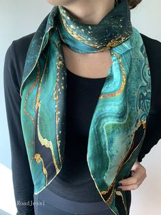 Pure Natural Mulberry Silk Scarf 35 X 35 Square Silk Scarf Turquoise Green Gold Silk Neck Scarf Head Scarf Hair Scarf Silk Shawl Gift - Etsy Elegant Green Summer Scarves, Elegant Green Scarves For Summer, Green Rectangular Silk Scarf, Rectangular Green Silk Scarf, Formal Green Silk Scarf, Green Silk Scarf For Formal Occasions, Formal Green Silk Scarves, Green Silk Scarves For Formal Occasions, Artistic Green Silk Scarf