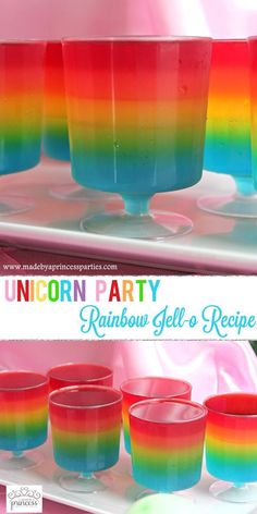 the rainbow jello cups are ready to be served in the oven for an unicorn party