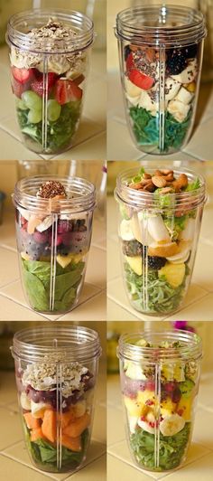 four images show different types of salads in plastic containers with lids on the sides