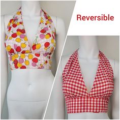 Adorable reversible halter top with Cherry print on one side and gingham with little hearts on the other from the 60s/70s.  Super cute and hard to find.  Ties at neck and back.  No manufacturer label present, I looked up the RN number and it's Tomar Fashions Inc.  The label says 'one size fits all', but I think it's best for up to 36 bust.  It's made in Hong Kong.  Fabric is a 65% poly 35% cotton blend.   Condition - Excellent, with no issues.  Measurements - For reference, the dress form is B33.5 W24.5.   Good fit on these measurements.  Last photo shows the top on my 35B 25W dress form which is also a good fit.  I think this is best up to 36 bust.    Bust: 33-36" I have hand washed and ironed this cutie. Follow me on Instagram to see previews of items before they are posted to Etsy, sale Retro Racerback Top, Fitted Retro Racerback Top, Retro Fitted Racerback Top, Fitted Lined Halter Neck Top, Vintage Halter Neck Top For Spring, Vintage Halter Top For Spring, Fitted Retro Tops For Picnic, Retro Fitted Tops For Picnic, Retro Halter Neck Beach Top