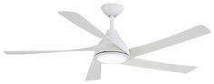 a white ceiling fan with three blades and a light on the top of it's blades