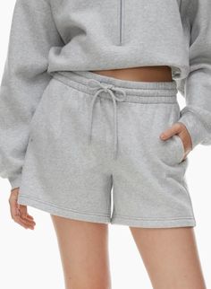 COZY FLEECE BOYFRIEND MID-THIGH SWEATSHORT | Aritzia Fame Clothes, Wedding Sweatshirts, Mid Thigh Shorts, Aritzia Tna, Fleece Shorts, Sweat Shorts, Taupe Color, Grey Shorts, Short Outfits