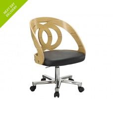 an office chair made out of wood and black leather